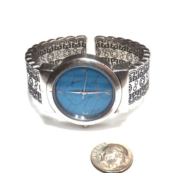 Chico's Cuff Watch, Turquoise Face, Silver Tone Engraved Band, Japanese Movement - Picture 10 of 12